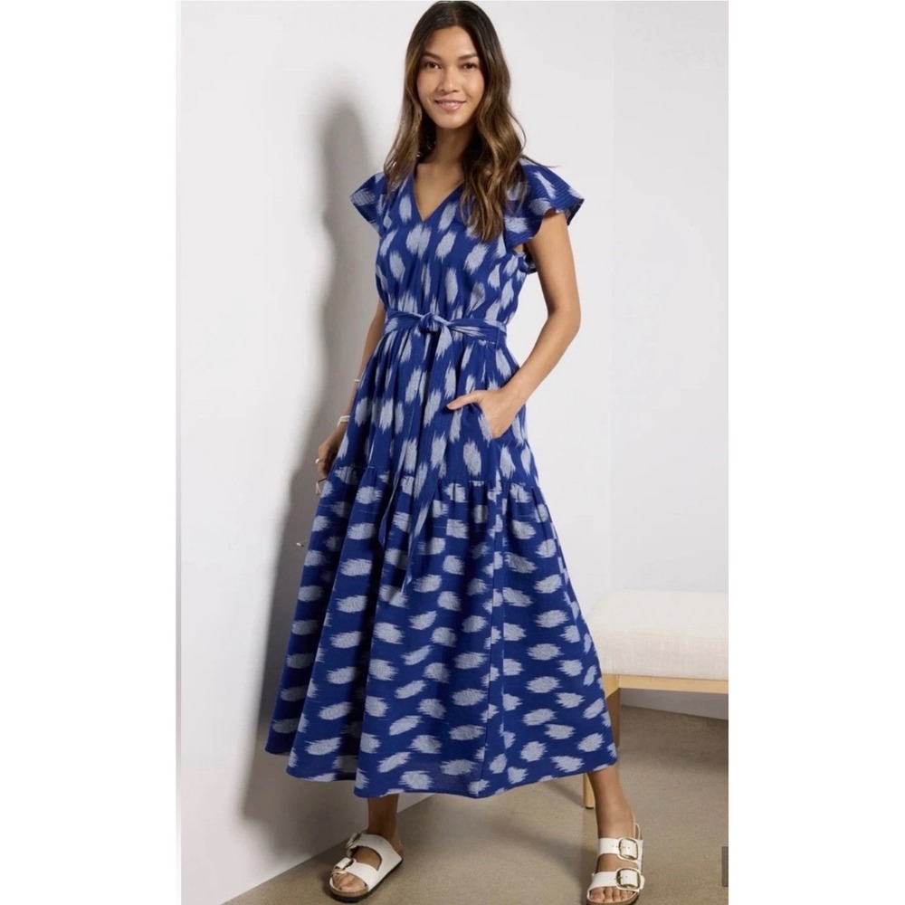 NWT Evereve Blueprint Blue Kenley Dress Ikat Cotton Midi Women's Size S